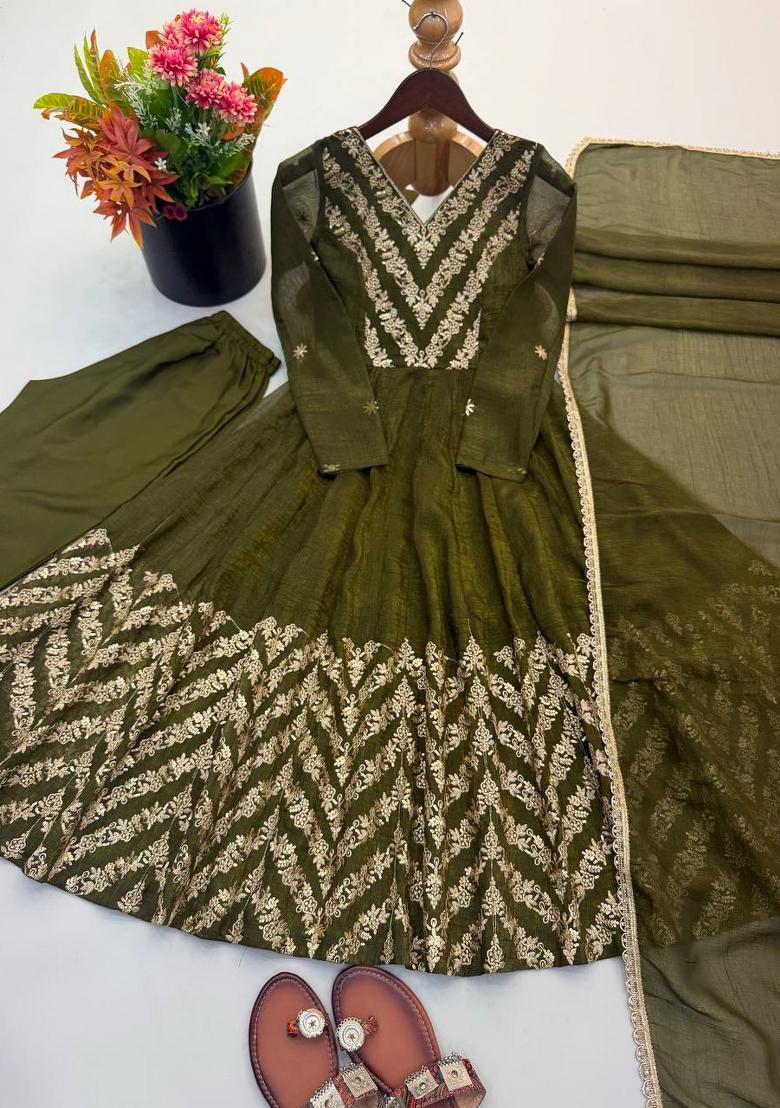 Mehendi Embroidery Silk Kurta Set - Indya