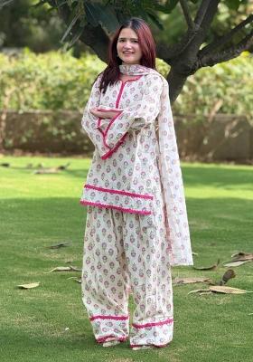 White Printed Crepe Kurta Set