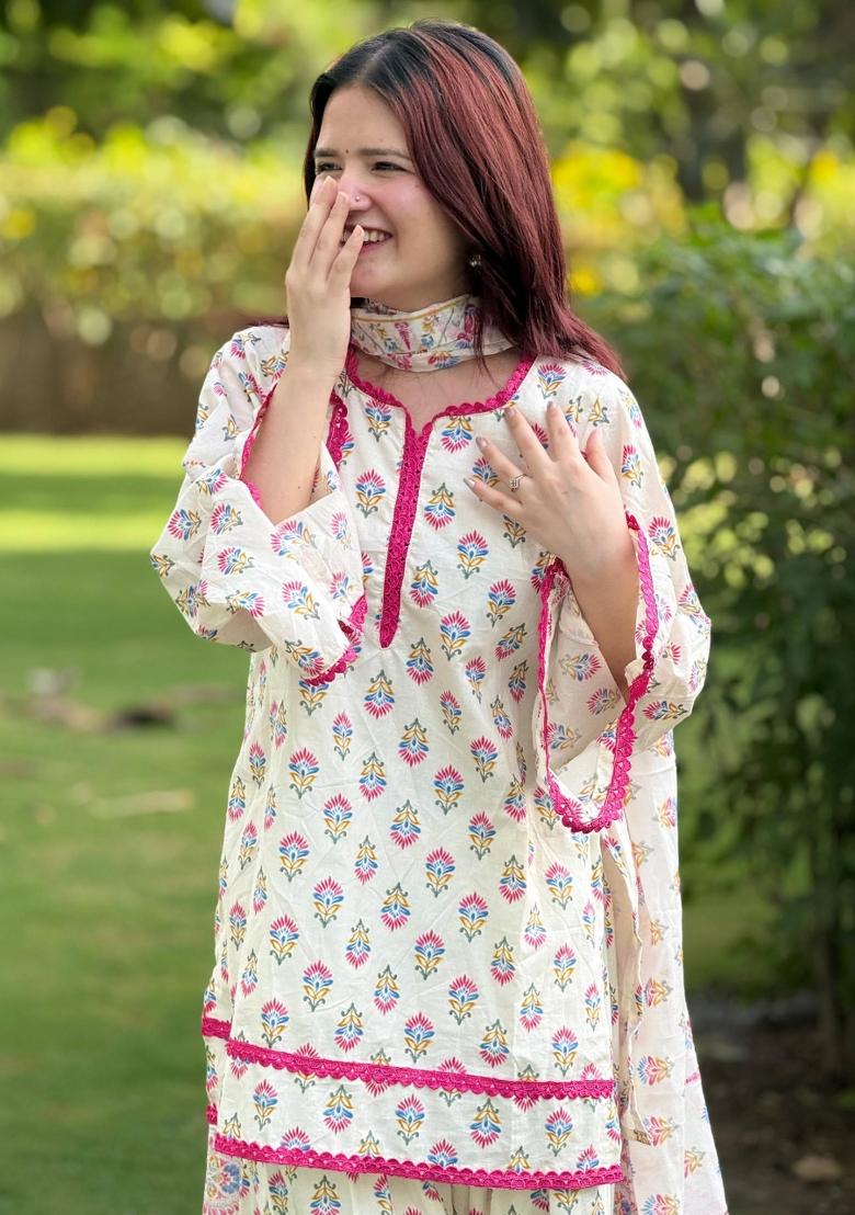 White Printed Crepe Kurta Set - Indya