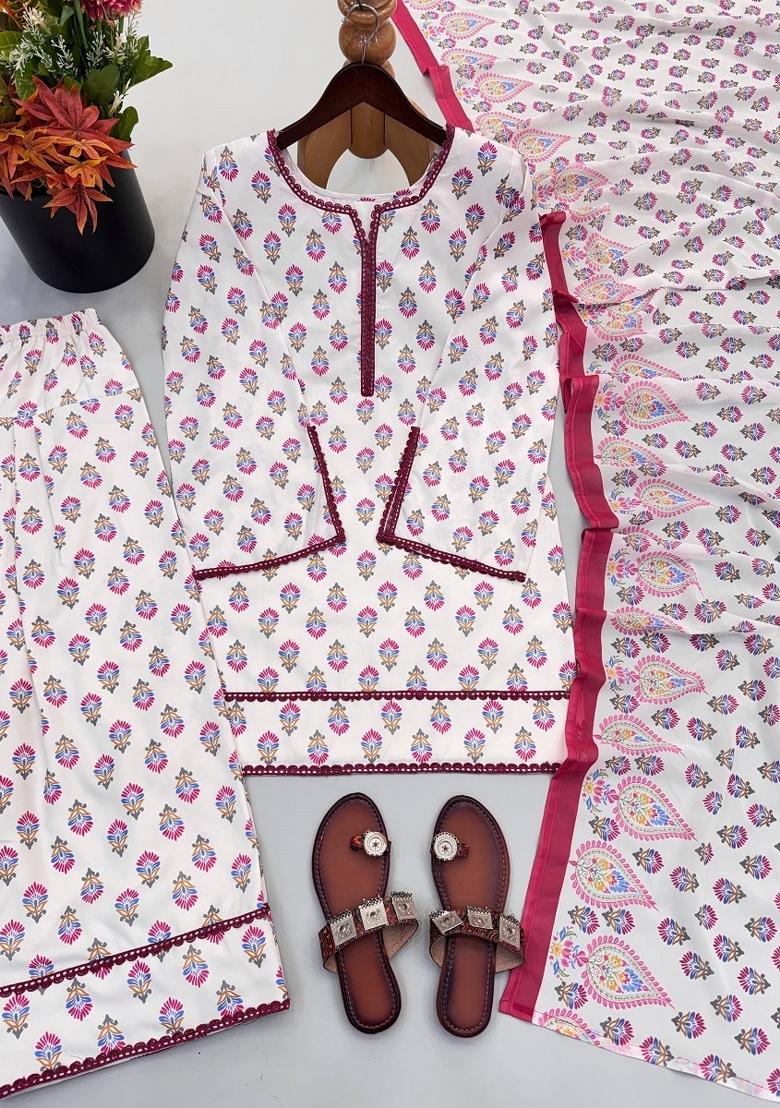 White Printed Crepe Kurta Set - Indya
