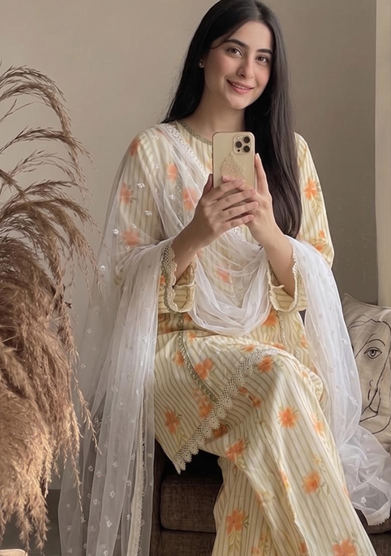 Yellow Printed Crepe Kurta Set - Indya