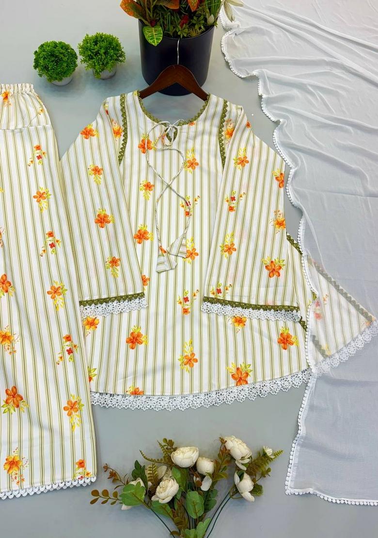 Yellow Printed Crepe Kurta Set - Indya