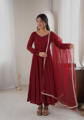 Red Lace Work Silk Kurta Set