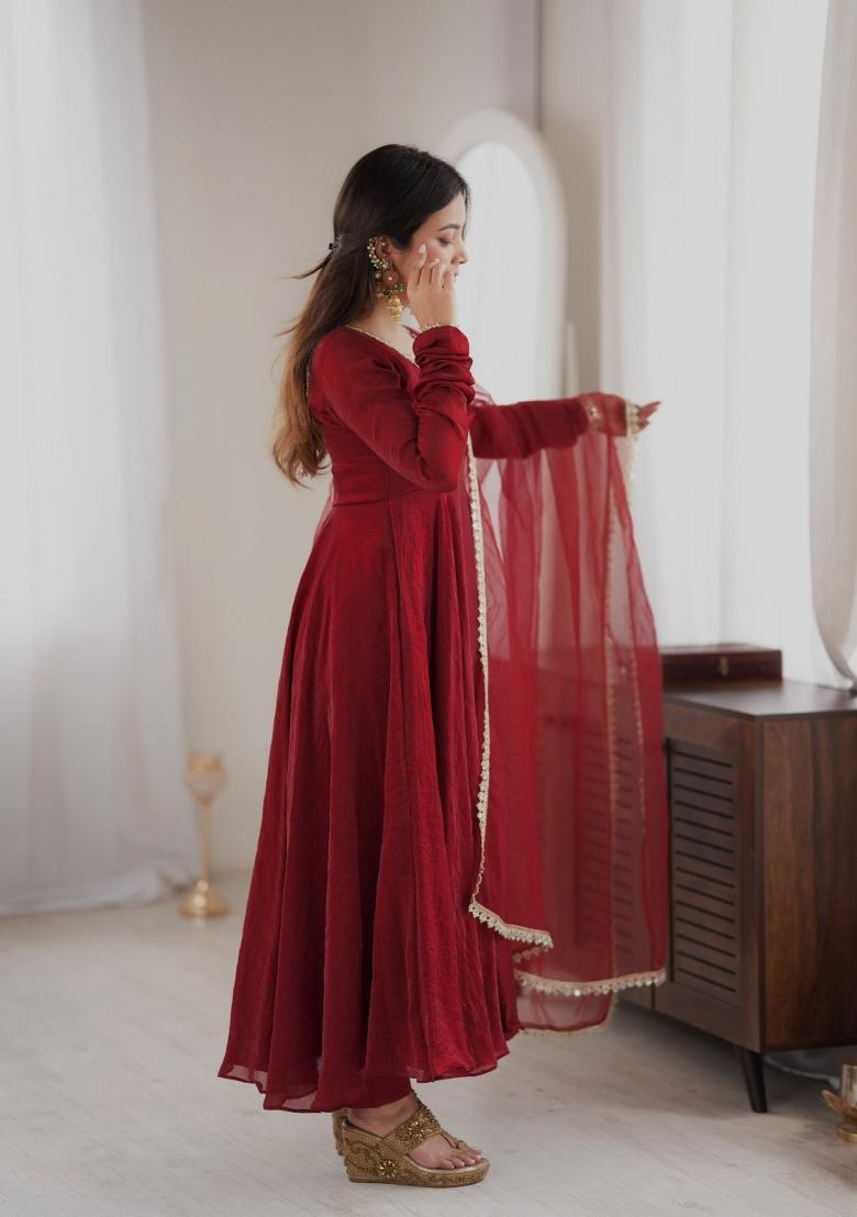 Red Lace Work Silk Kurta Set - Indya
