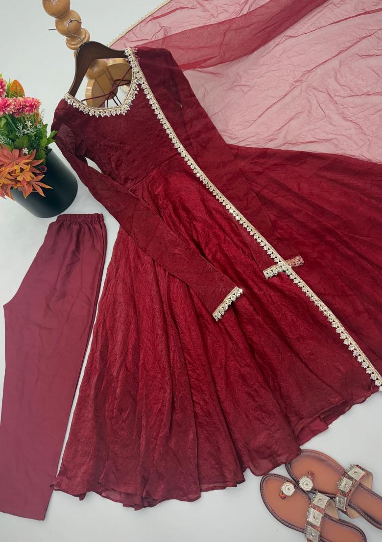 Red Lace Work Silk Kurta Set - Indya