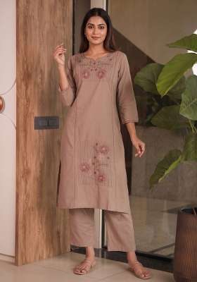 Brown Embroidery Cotton Kurta Set