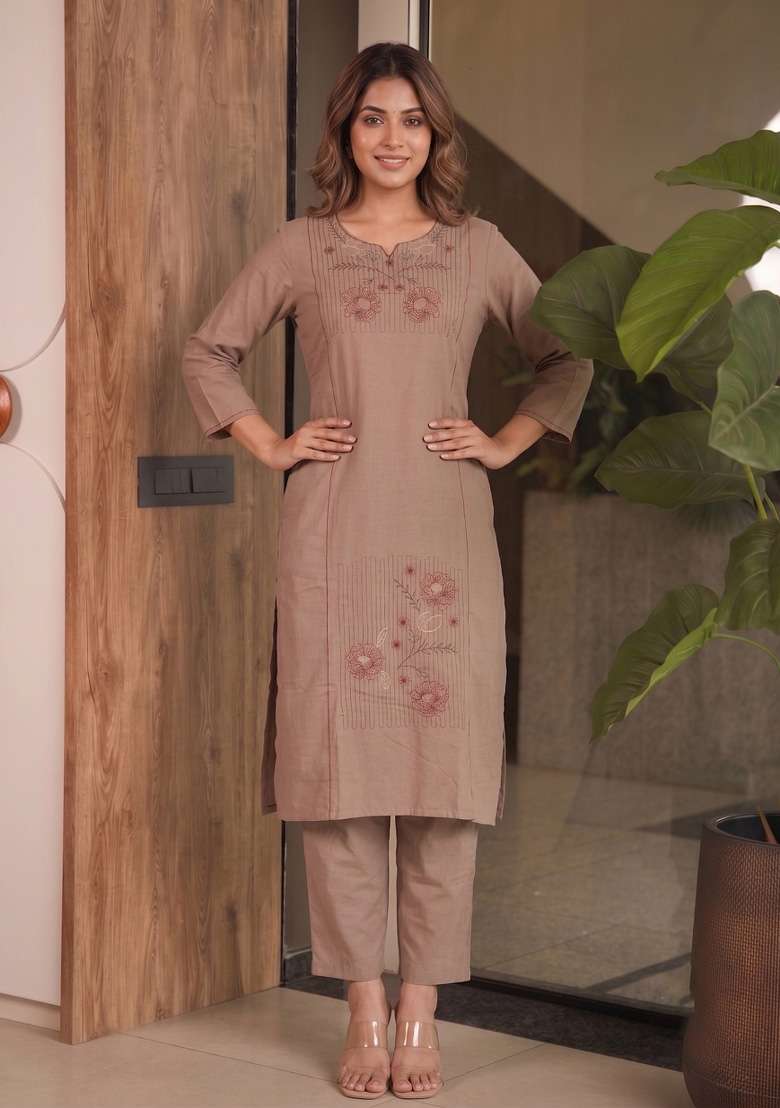 Brown Embroidery Cotton Kurta Set - Indya