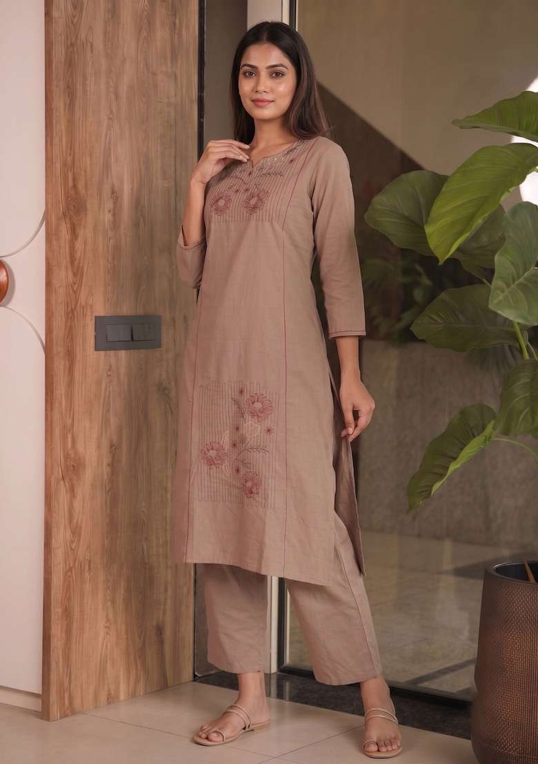 Brown Embroidery Cotton Kurta Set - Indya