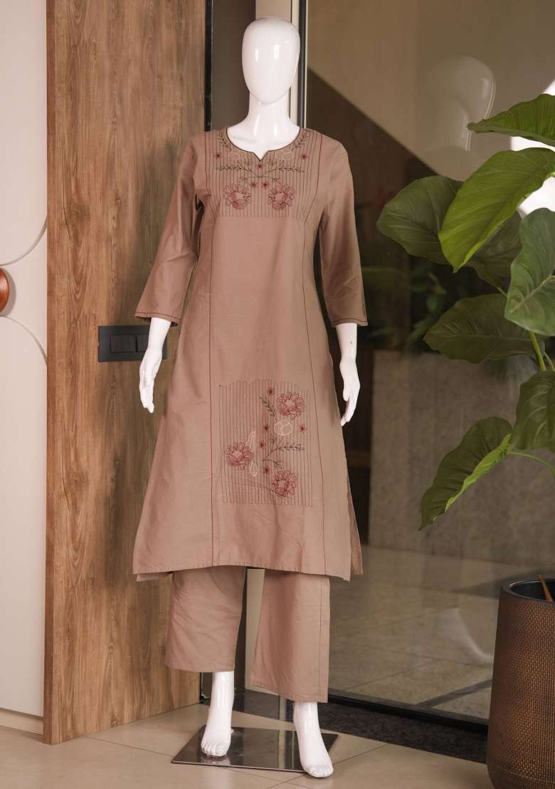 Brown Embroidery Cotton Kurta Set - Indya