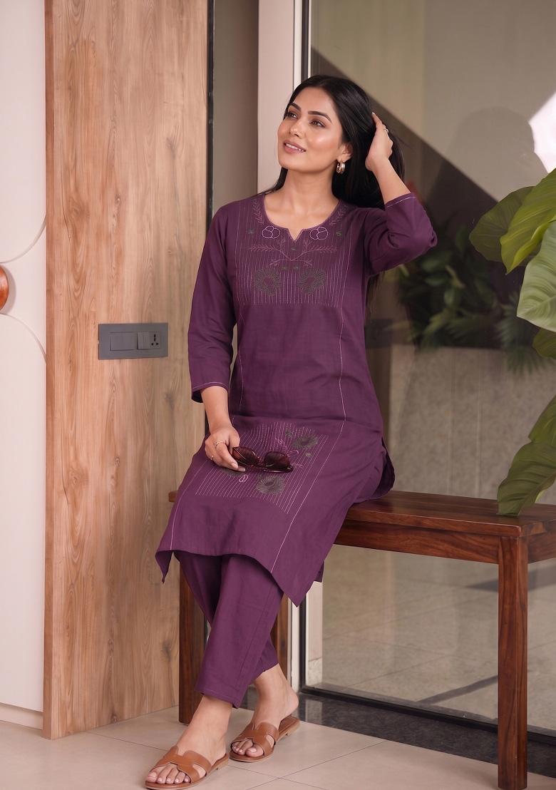 Olive Embroidery Cotton Kurta Set - Indya