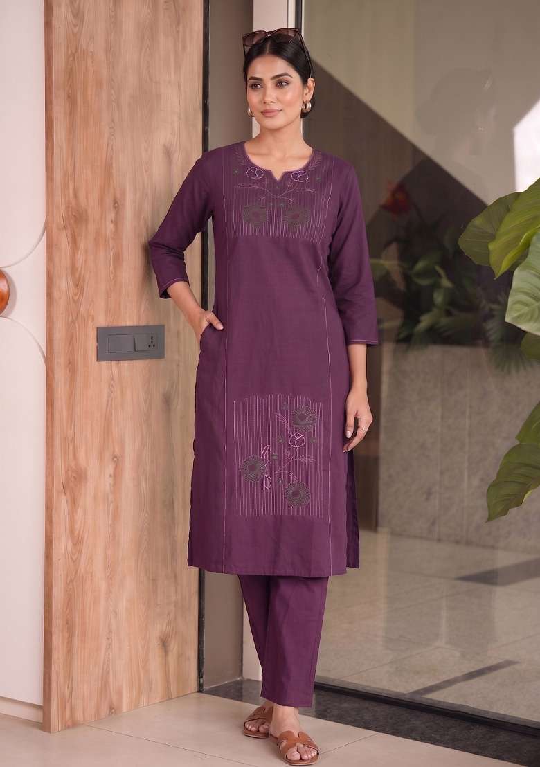 Olive Embroidery Cotton Kurta Set - Indya