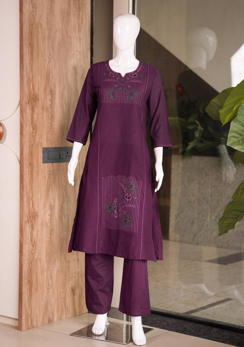 Olive Embroidery Cotton Kurta Set - Indya