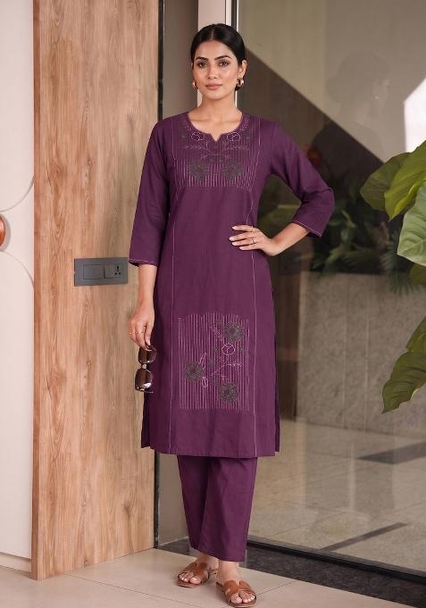 Olive Embroidery Cotton Kurta Set