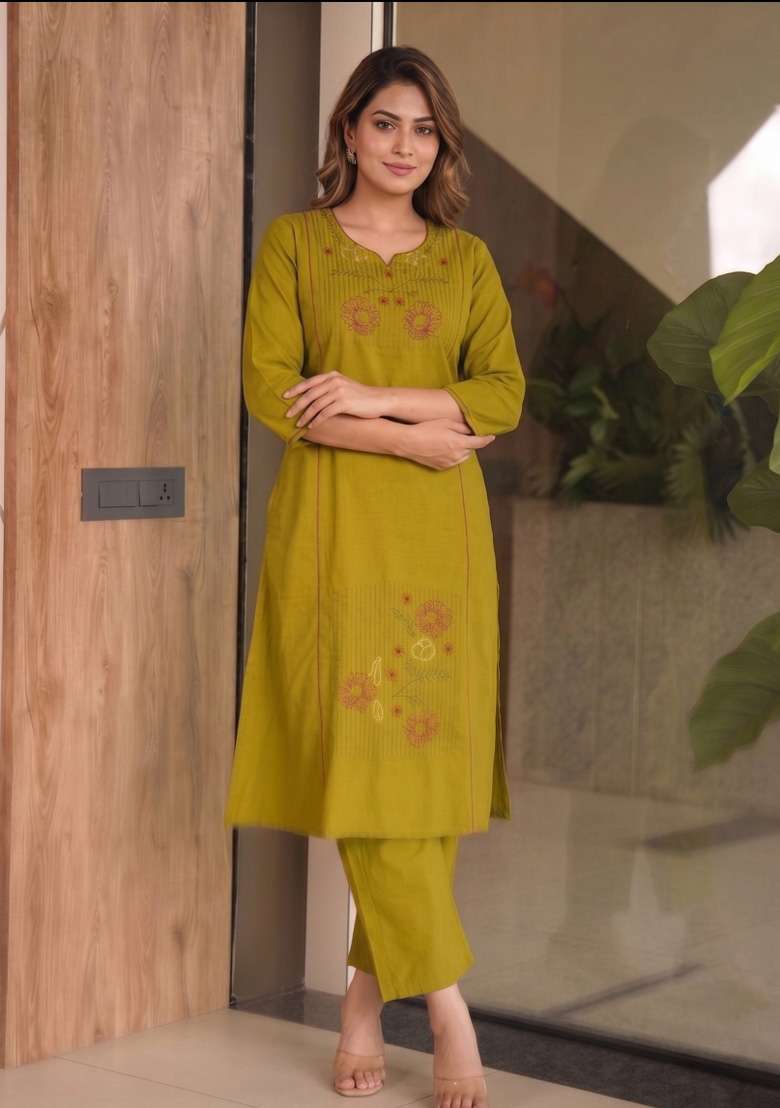 Wine Embroidery Cotton Kurta Set - Indya