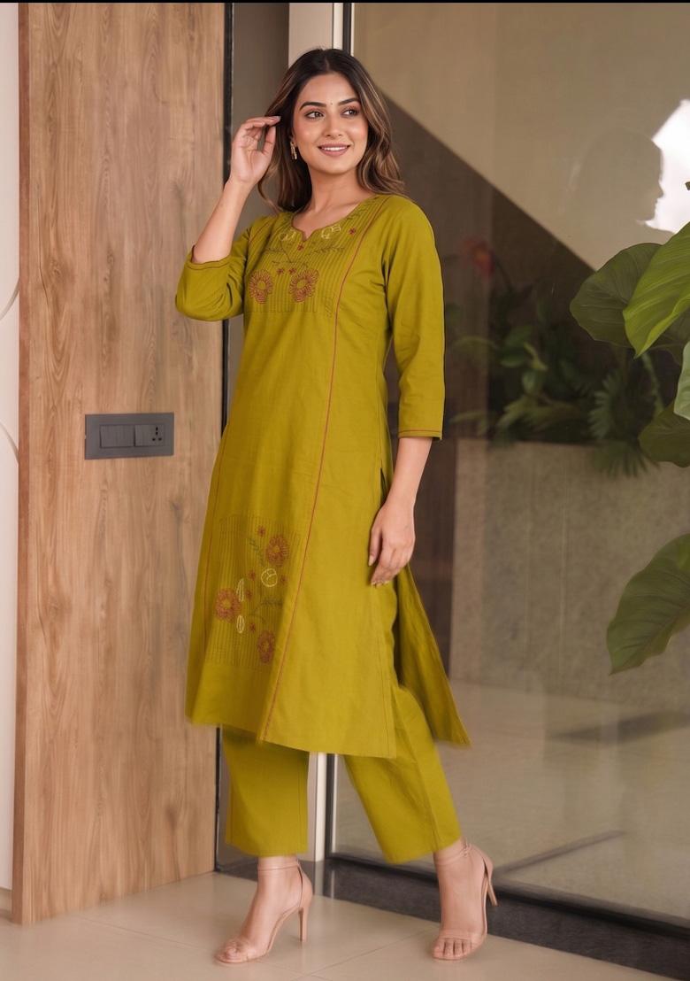 Wine Embroidery Cotton Kurta Set - Indya