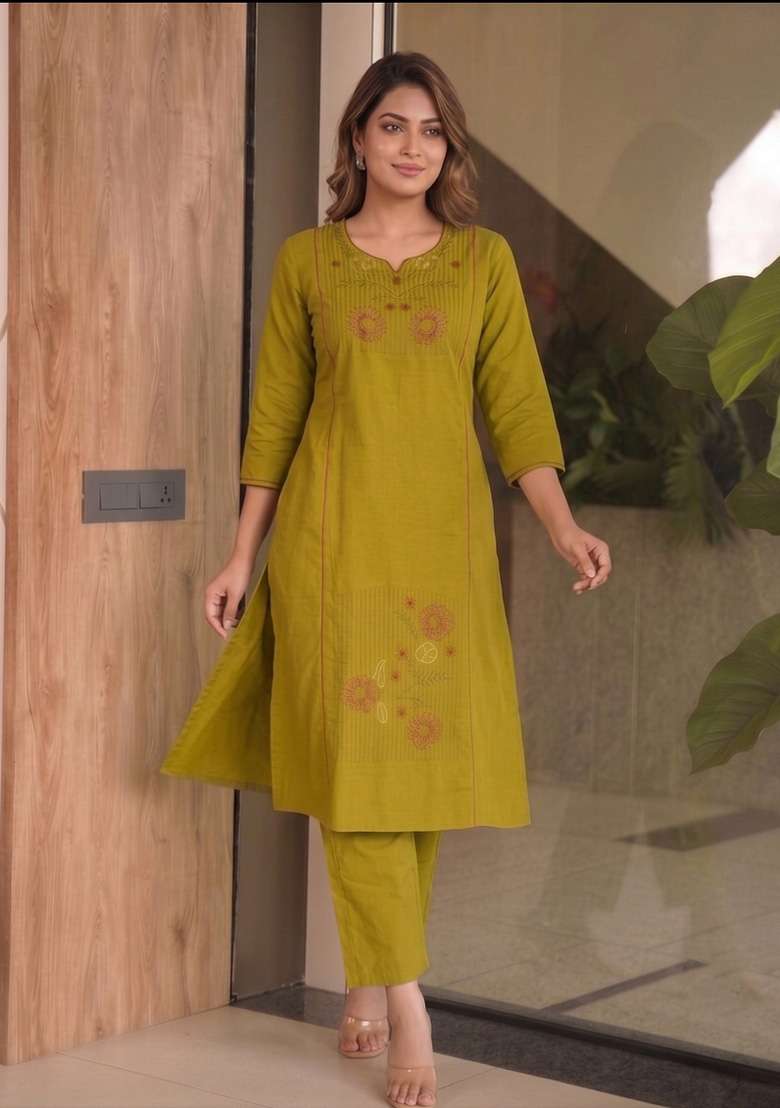 Wine Embroidery Cotton Kurta Set - Indya