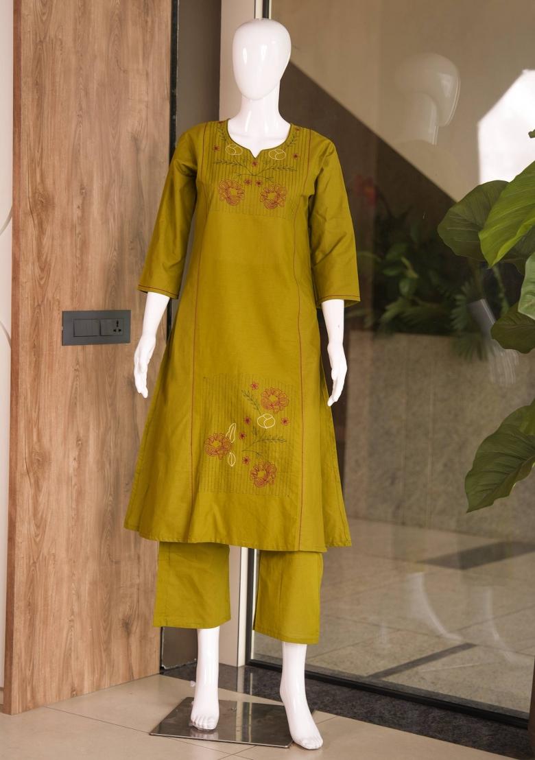 Wine Embroidery Cotton Kurta Set - Indya