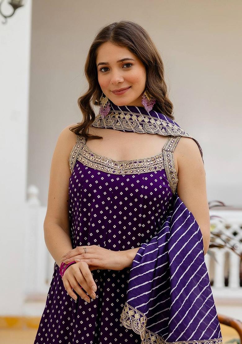 Purple Embroidery Silk Kurta Set - Indya