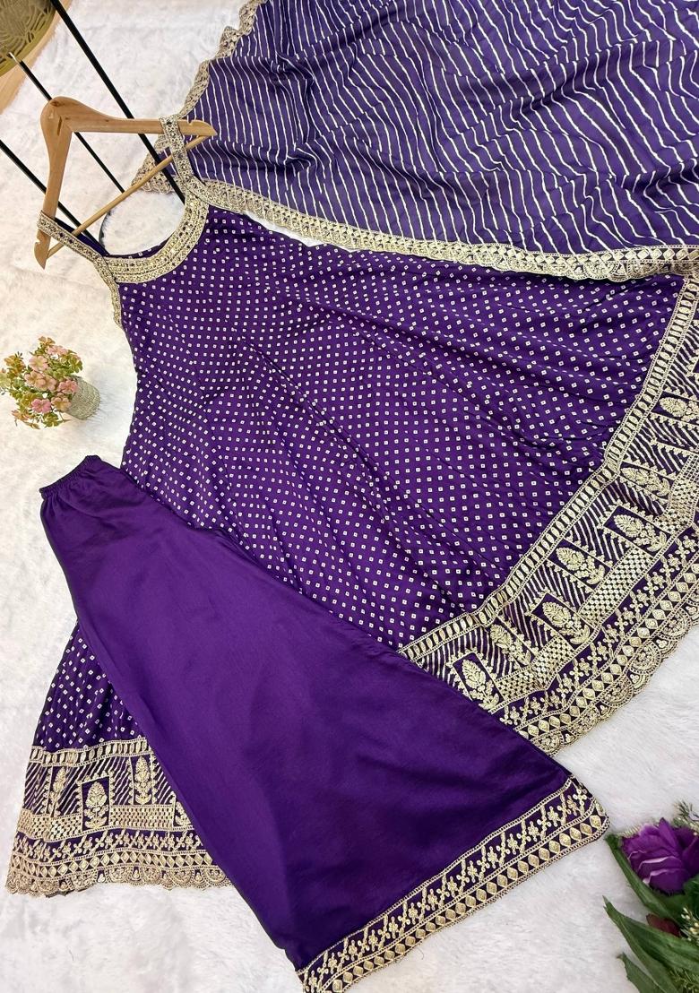Purple Embroidery Silk Kurta Set - Indya