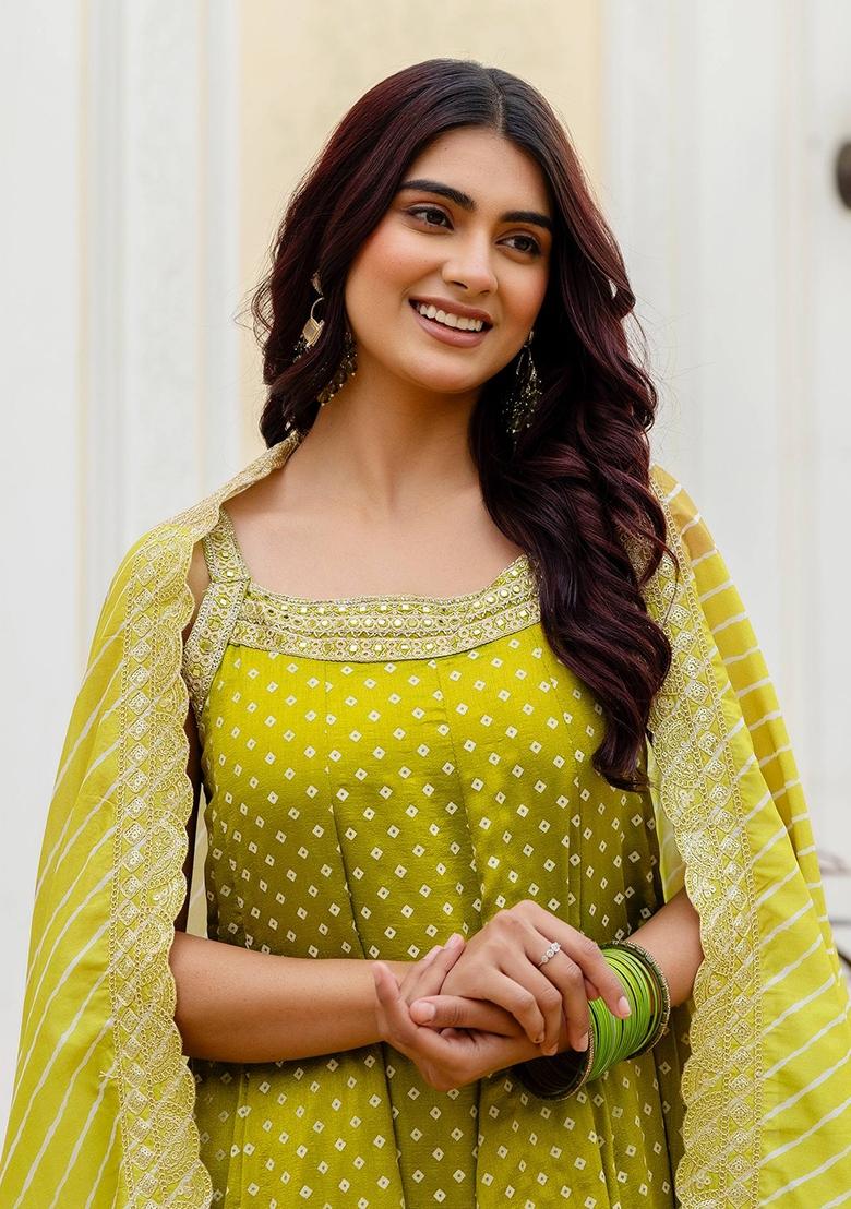 Olive Embroidery Silk Kurta Set - Indya