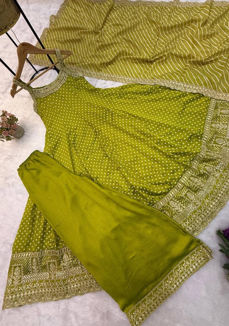 Olive Embroidery Silk Kurta Set - Indya