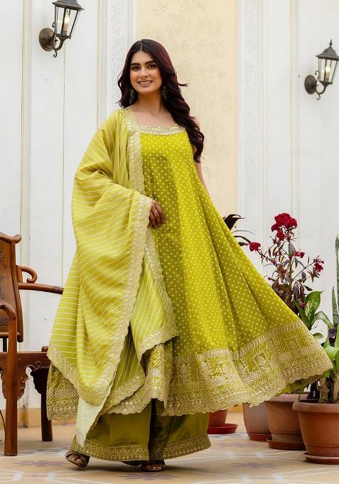 Olive Embroidery Silk Kurta Set