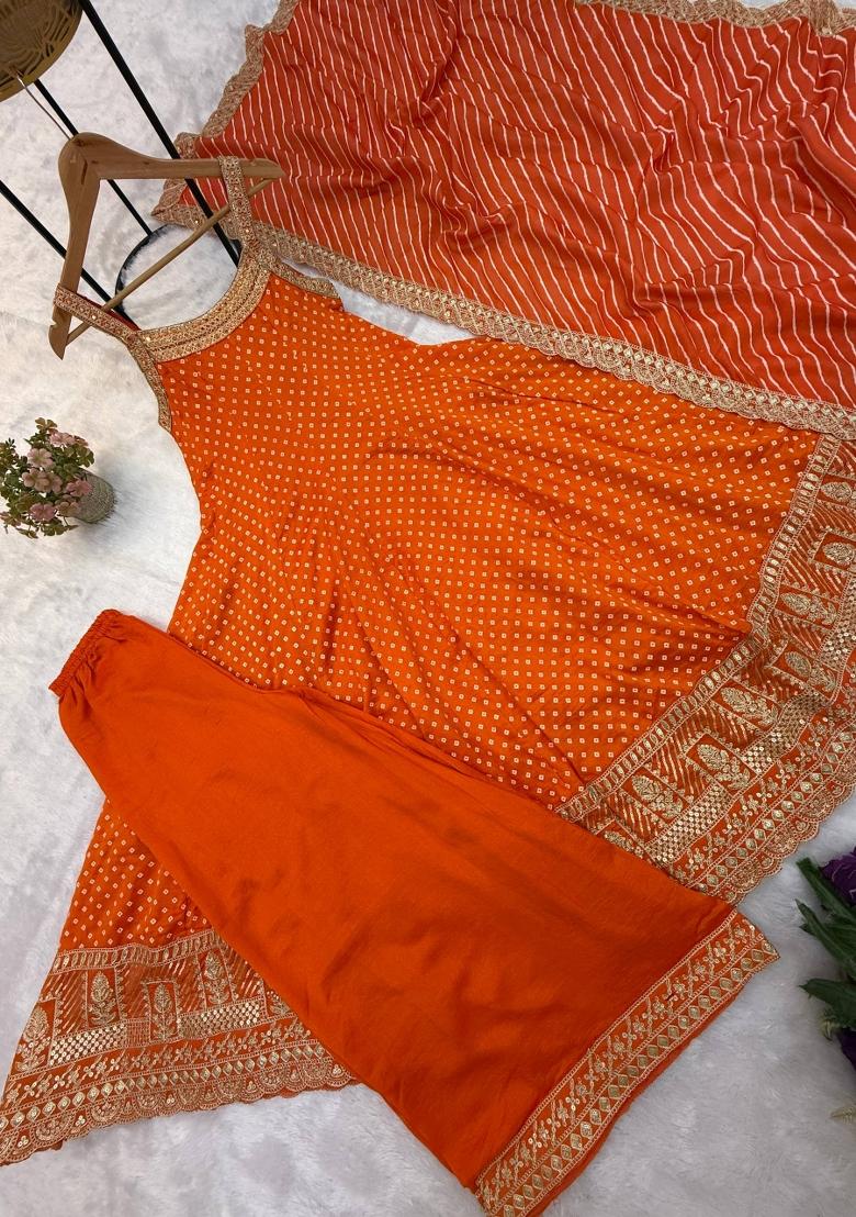 Orange Embroidery Silk Kurta Set - Indya