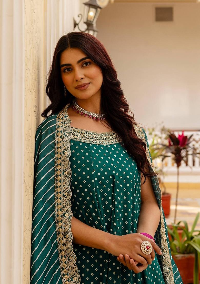 Teal Embroidery Silk Kurta Set - Indya