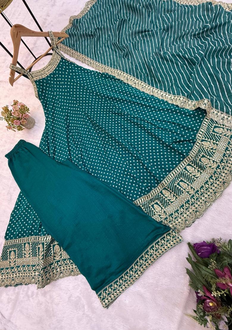 Teal Embroidery Silk Kurta Set - Indya