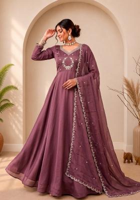 Onion Pink Embroidery Silk Gown With Dupatta