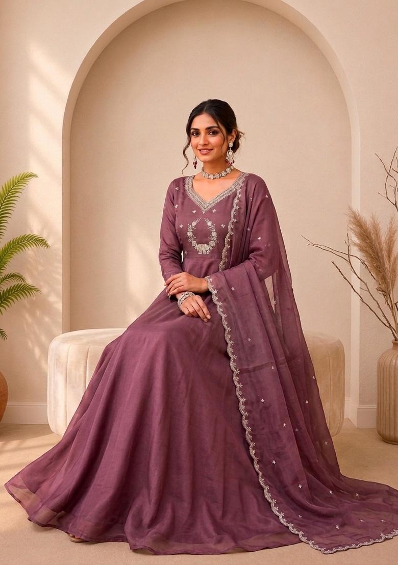 Onion Pink Embroidery Silk Gown With Dupatta - Indya