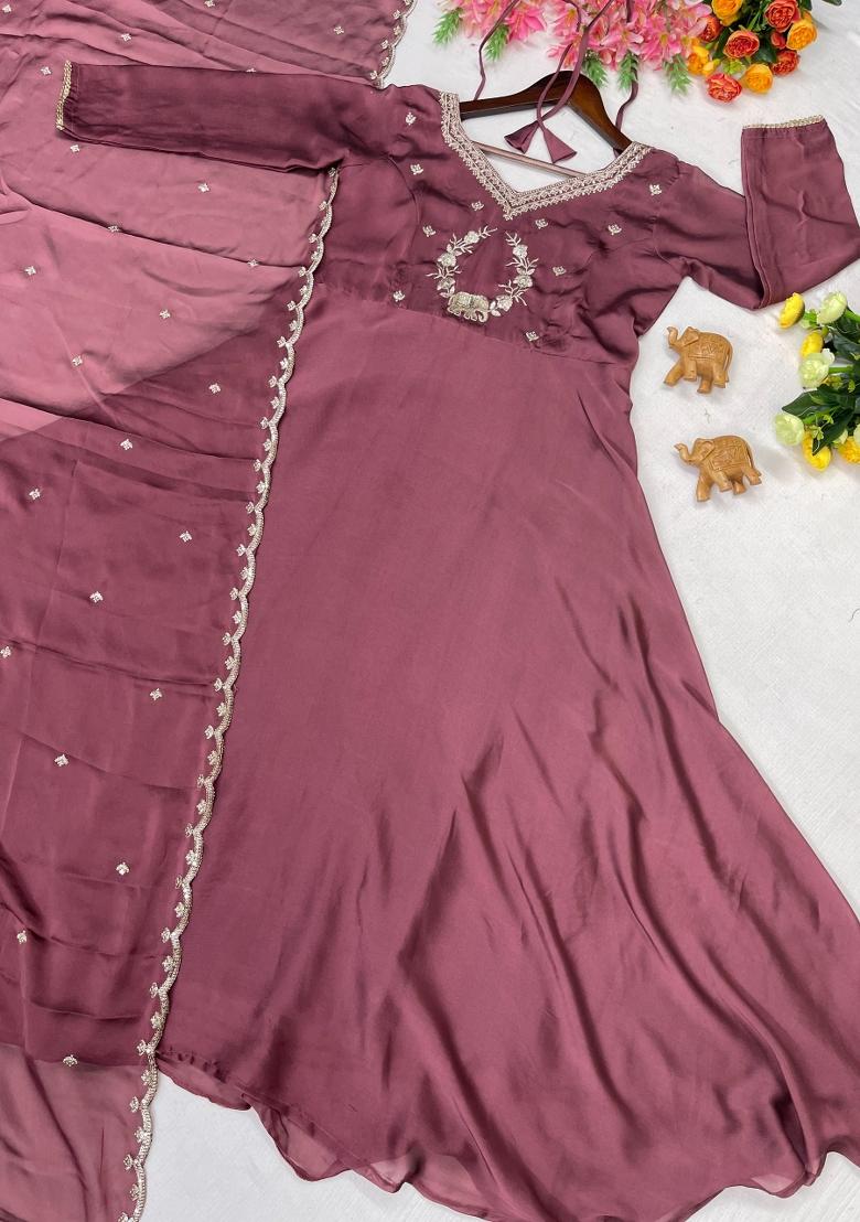 Onion Pink Embroidery Silk Gown With Dupatta - Indya