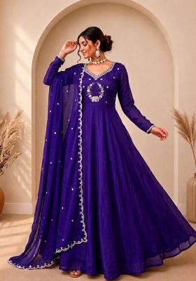 Purple Embroidery Silk Gown With Dupatta