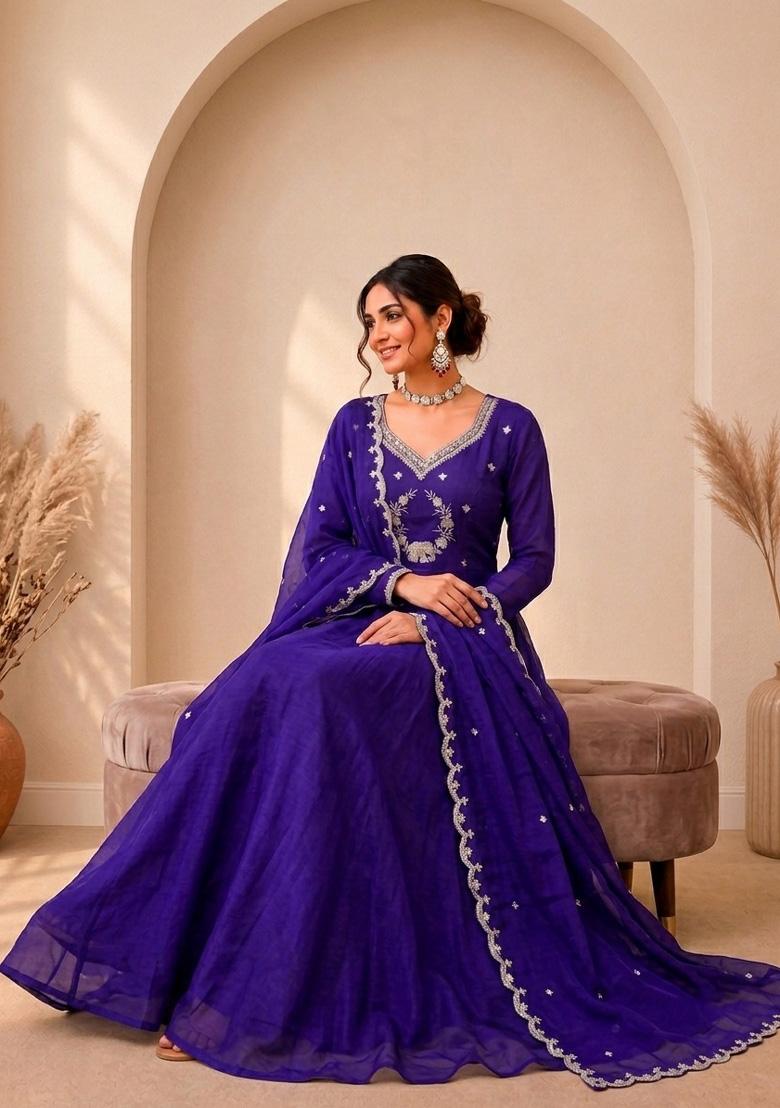 Purple Embroidery Silk Gown With Dupatta - Indya