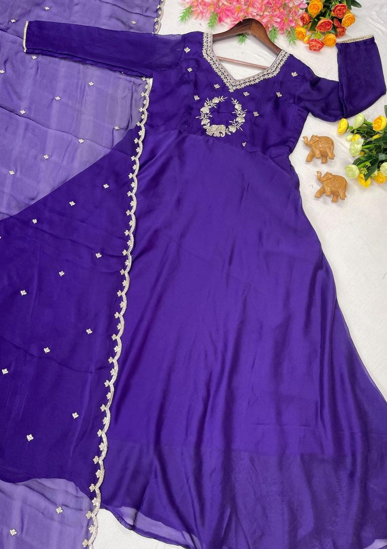 Purple Embroidery Silk Gown With Dupatta - Indya