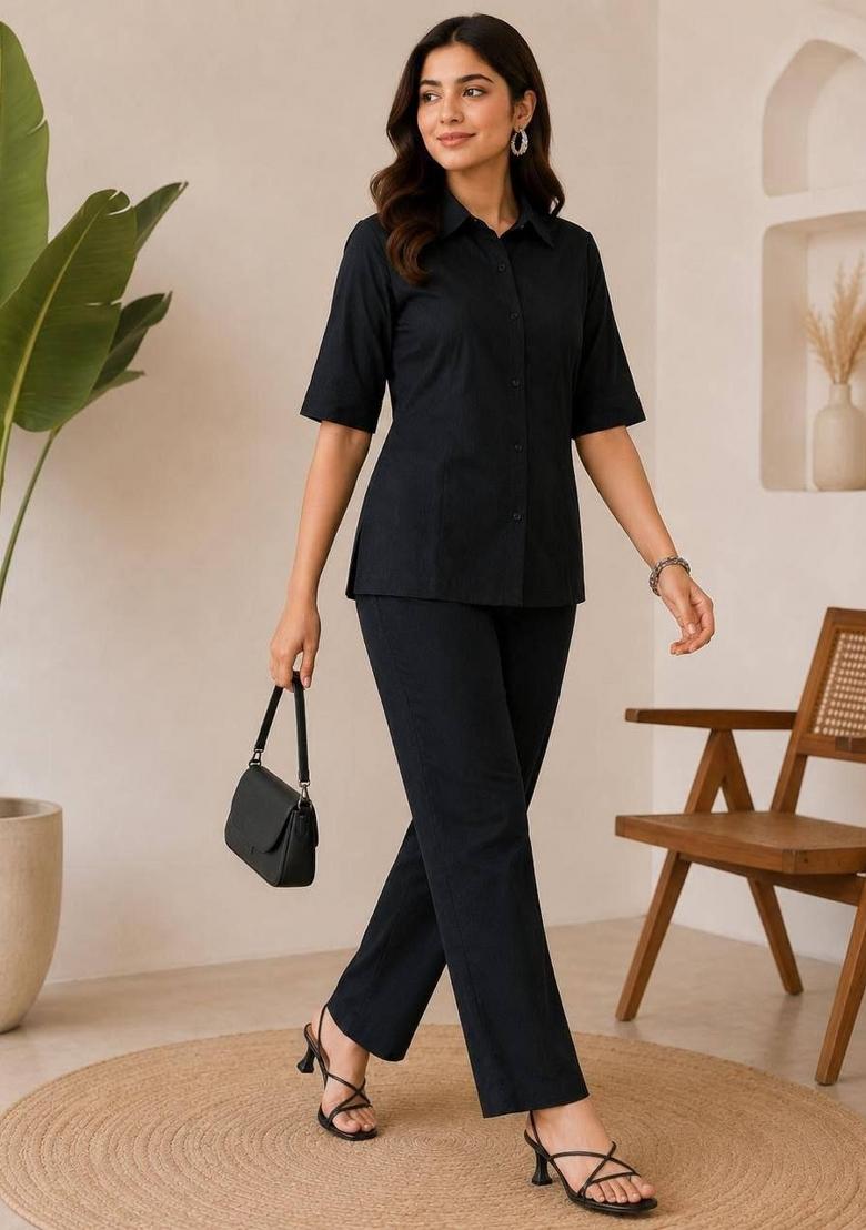 Black Plain Silk Kurta Set - Indya