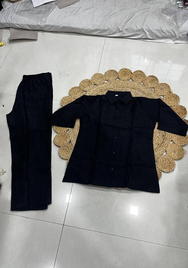 Black Plain Silk Kurta Set - Indya
