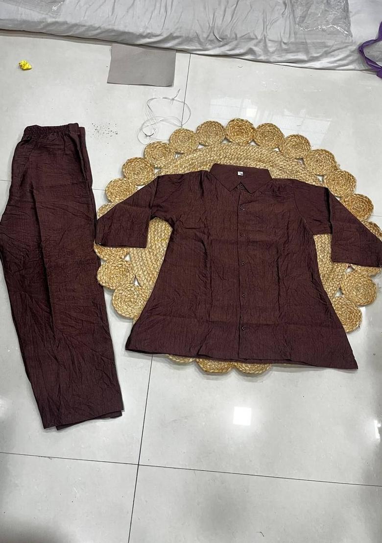 Brown Plain Silk Kurta Set - Indya