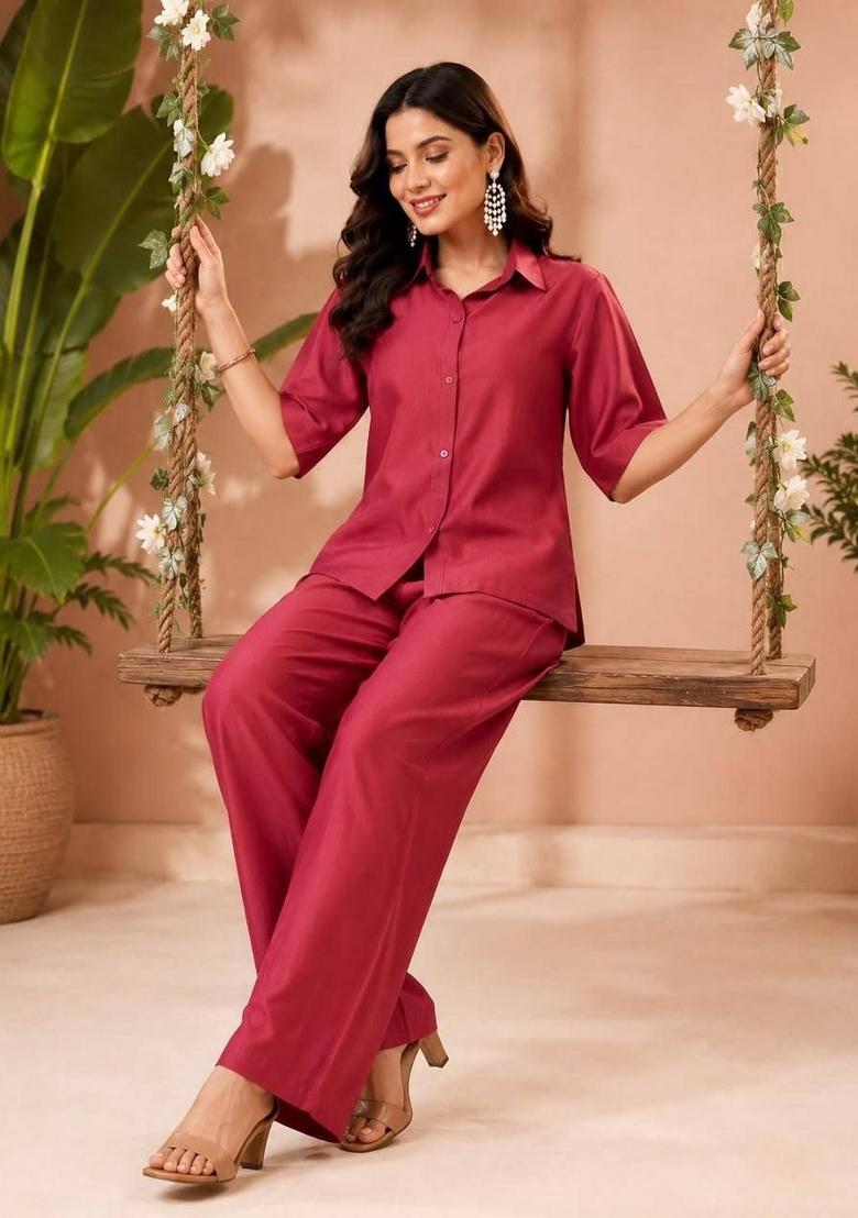 Maroon Plain Silk Kurta Set - Indya