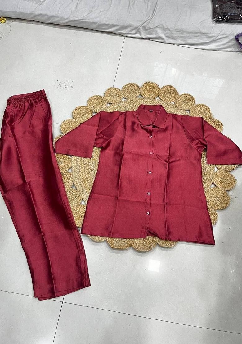 Maroon Plain Silk Kurta Set - Indya