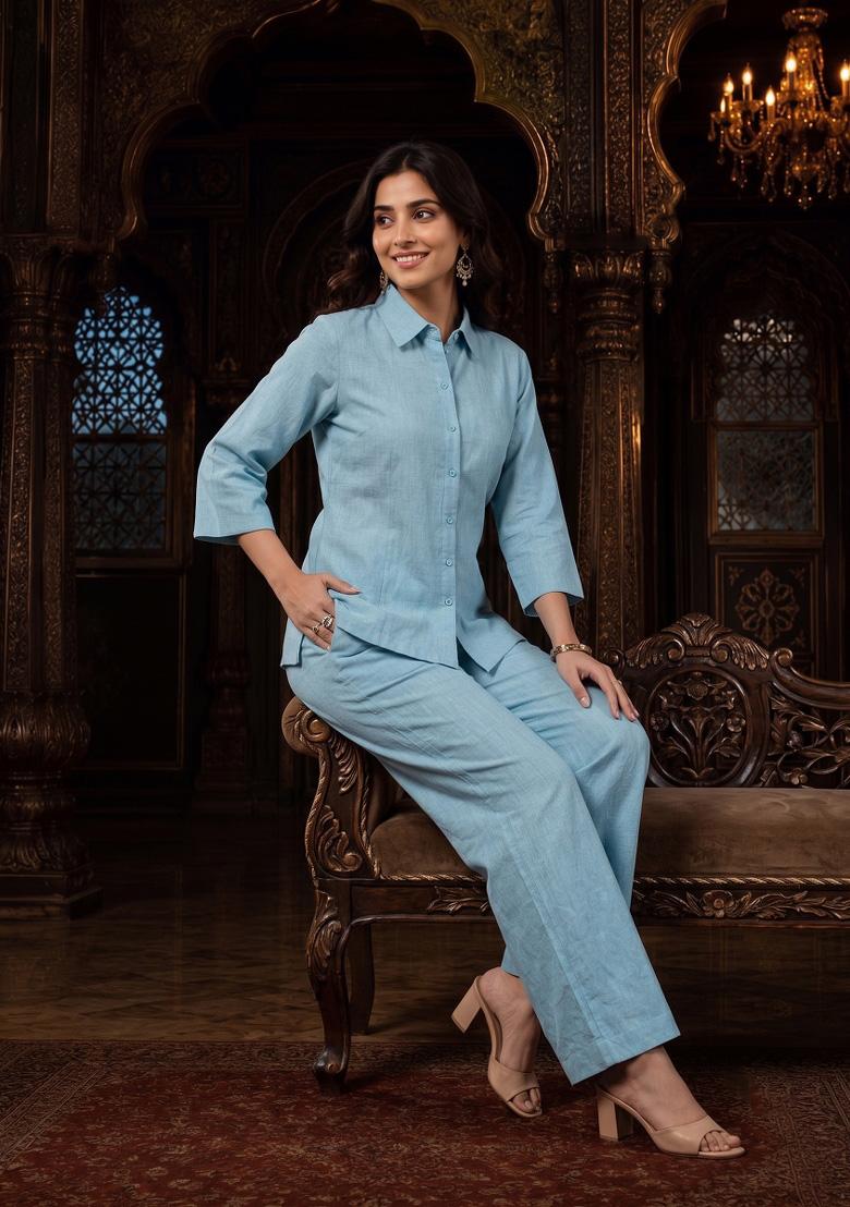 Sky Blue Plain Silk Kurta Set - Indya