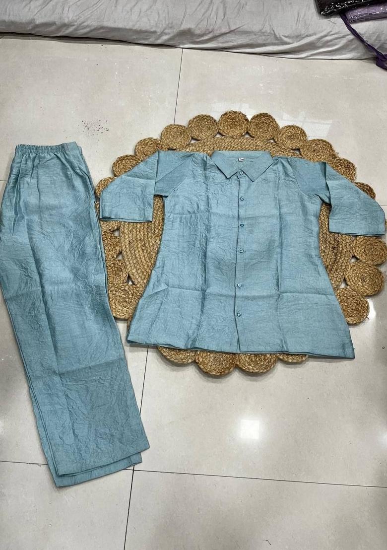 Sky Blue Plain Silk Kurta Set - Indya