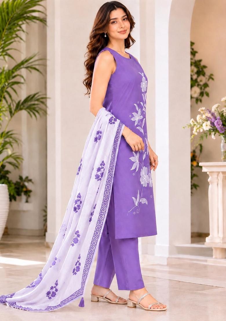 Lavender Embroidery Rayon Kurta Set - Indya