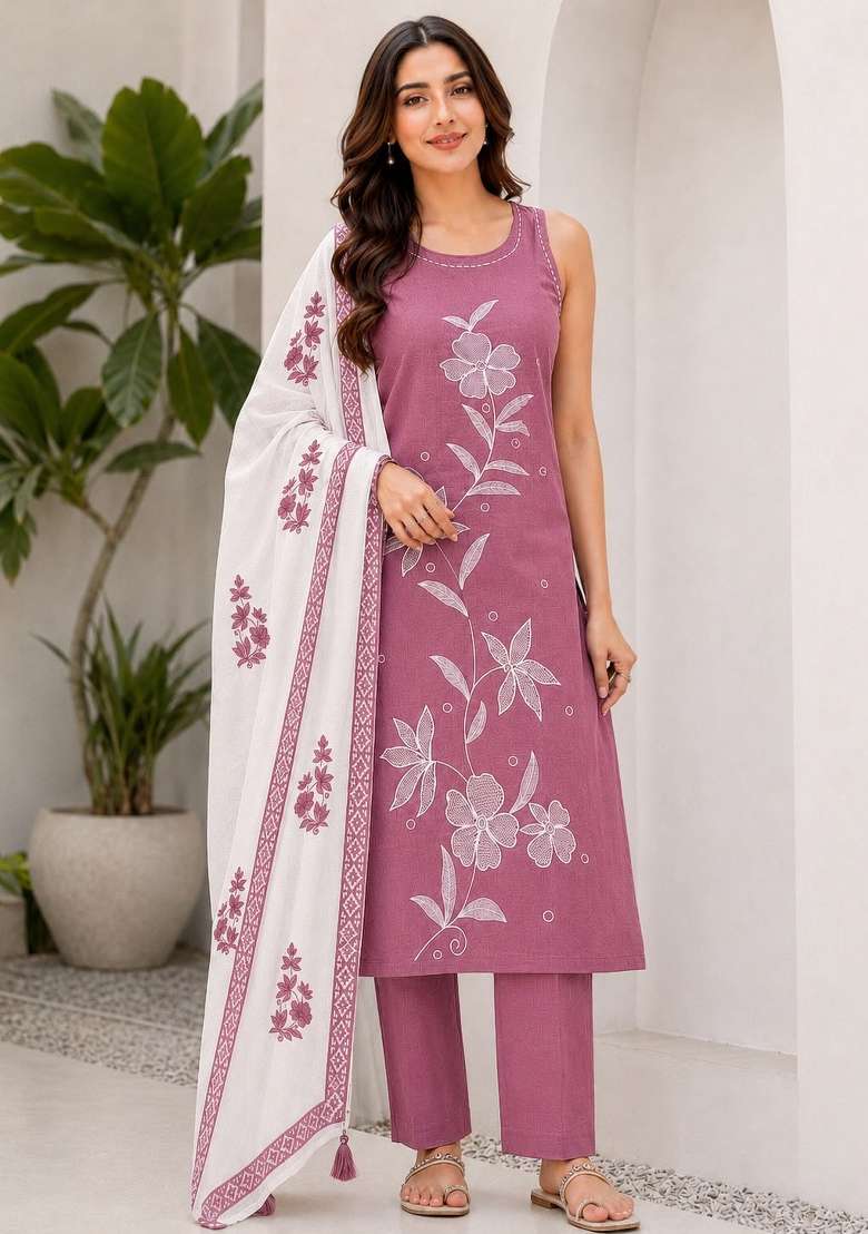 Onion Pink Embroidery Rayon Kurta Set - Indya