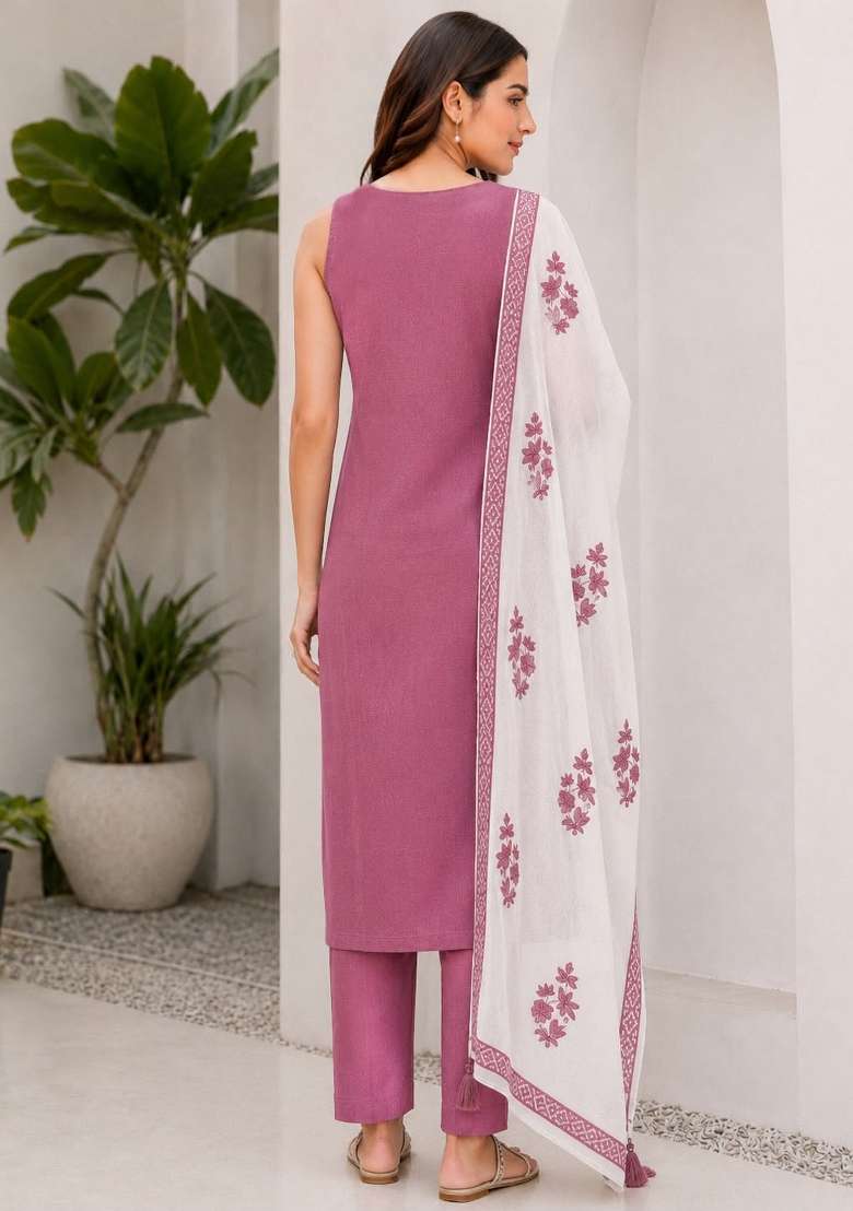 Onion Pink Embroidery Rayon Kurta Set - Indya
