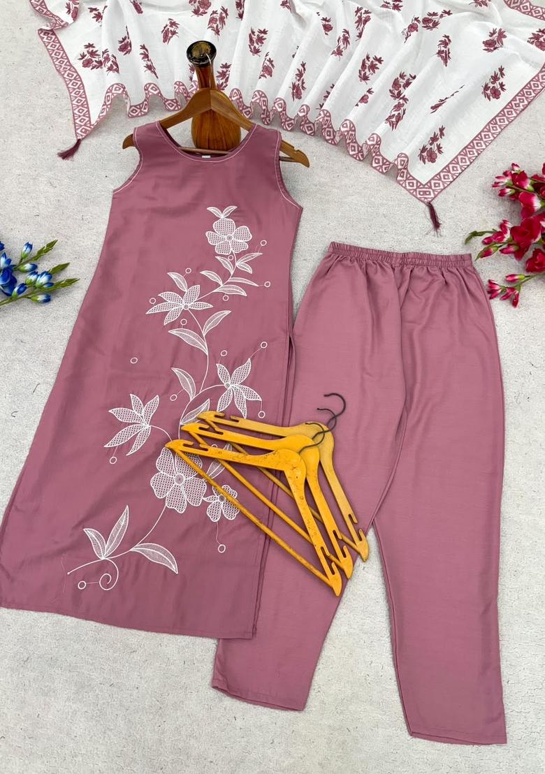 Onion Pink Embroidery Rayon Kurta Set - Indya