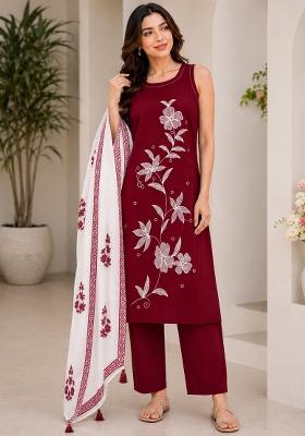 Red Embroidery Rayon Kurta Set
