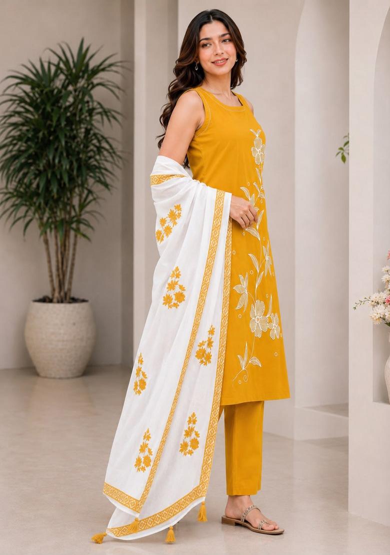 Yellow Embroidery Rayon Kurta Set - Indya