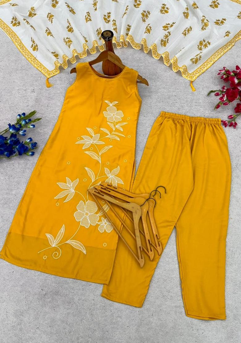 Yellow Embroidery Rayon Kurta Set - Indya