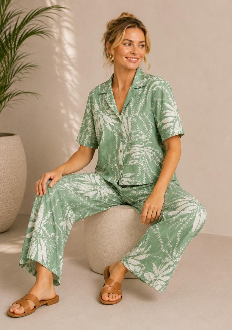 Green Printed Silk Kurta Set - Indya